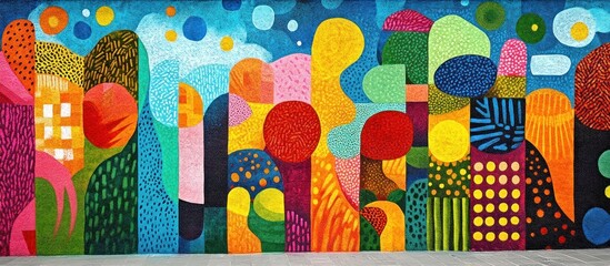 Abstract colorful mural on a building wall with various shapes and patterns.
