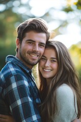 Fototapeta premium Youthful couple embraces lovingly under sunlight, radiating happiness and warmth in a natural, joyful setting.