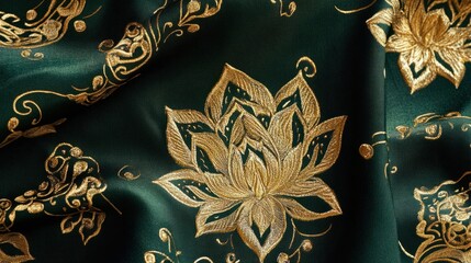 Thai traditional pattern with intricate golden lotus on deep green fabric, inspired by heritage, isolated on white