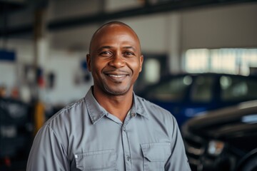 Obraz premium Portrait of a smiling middle aged African American car mechanic