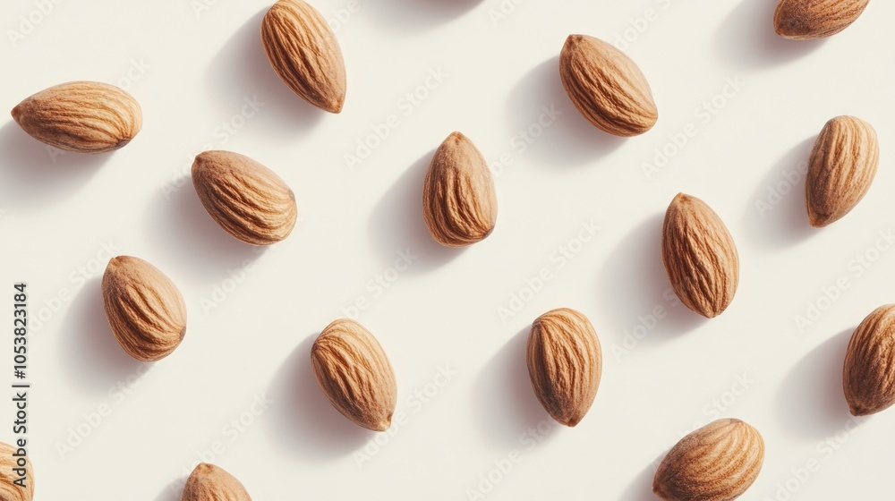 Poster close up view of almonds set against a white background