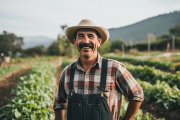 Fototapeta premium Portrait of a smiling Mexican farmer on a organic farm
