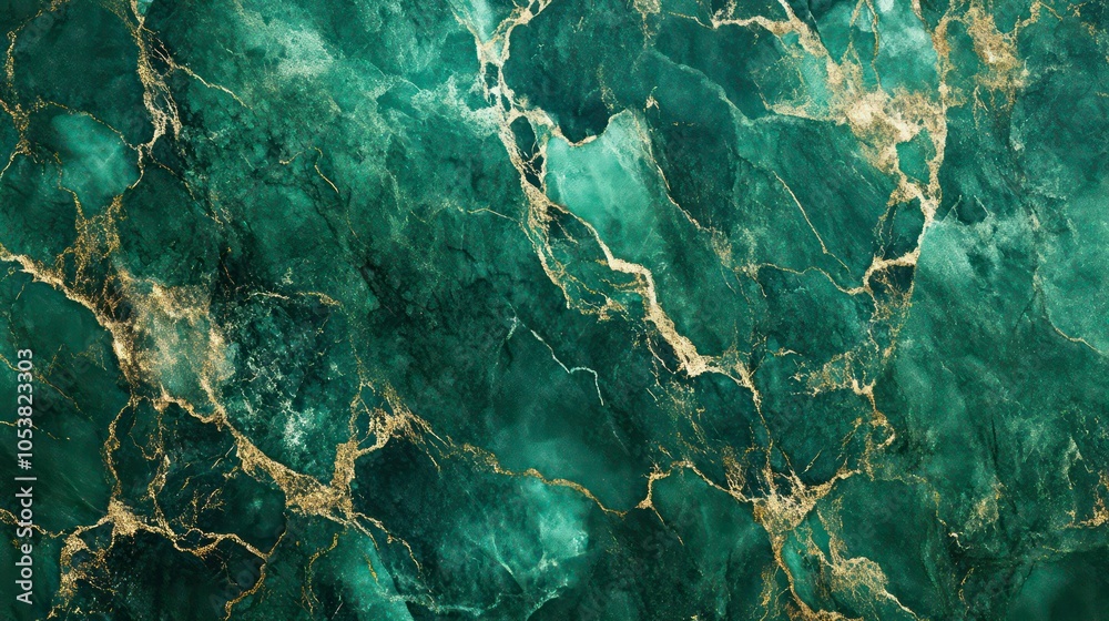 Poster a close-up view of a green marble texture with gold veining, ideal for design use.