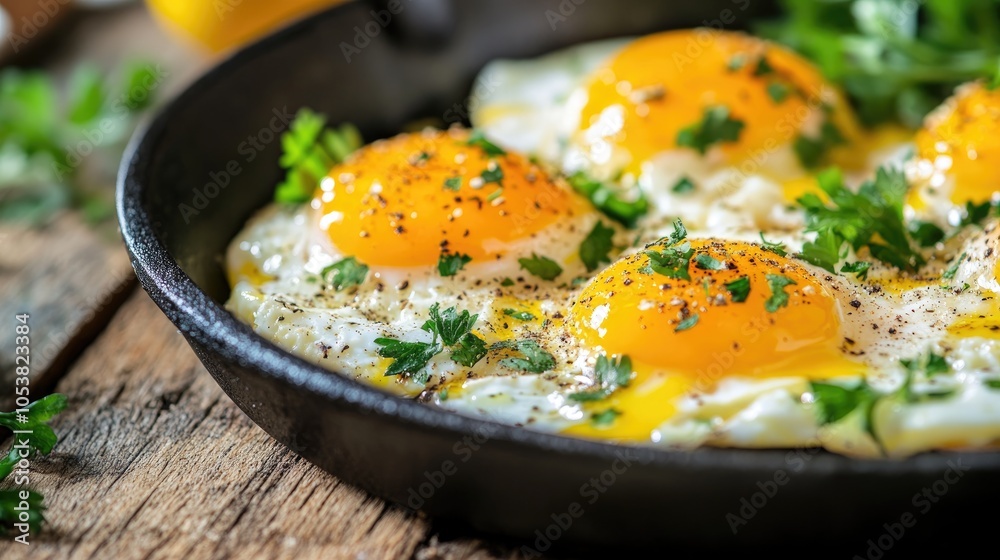 Poster breakfast eggs garnished with fresh herbs captured in a macro shot on a rustic wooden table