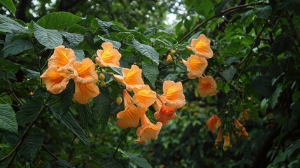 The Inflorescence Of Deciduous Trumped Vine Campsis Radicans Is Beautiful