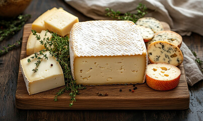 photograph of a cheese on a neatly arranged wooden board
