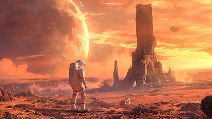 A lone astronaut exploring the ruins of an advanced alien civilization on a distant