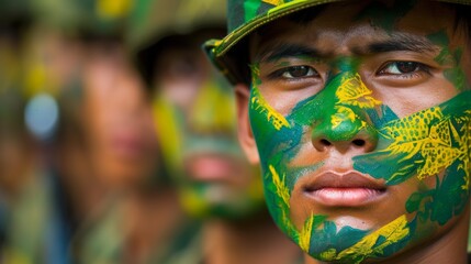 portrait of young police with jungle camouflage paint. Indonesian police