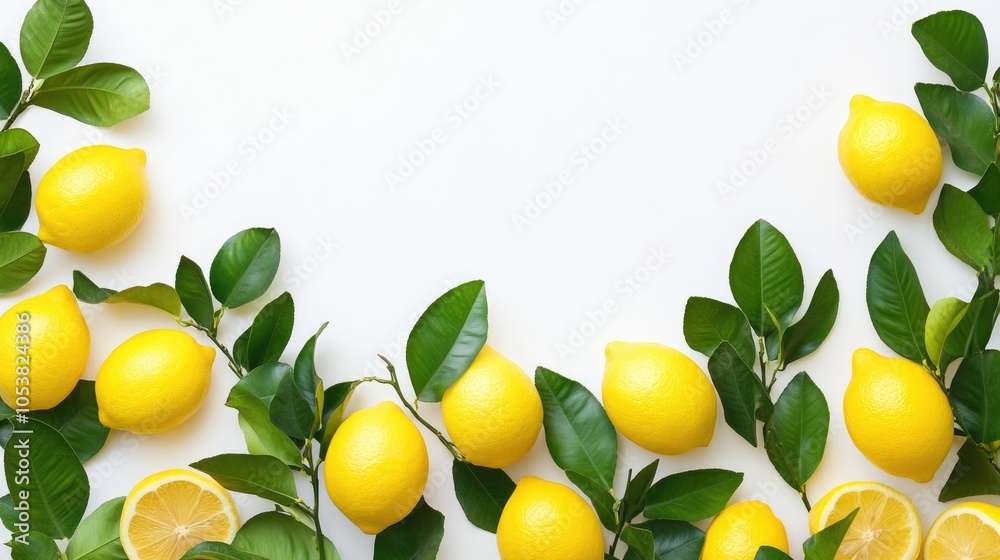 Poster Fresh lemon branches with lush green leaves against a white background ideal for design use Flat lay composition with space available for text