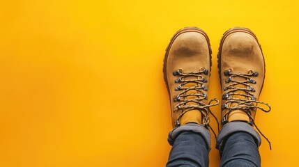 Hiking boots displayed on a vibrant yellow background Travel and camping gear with ample space for text