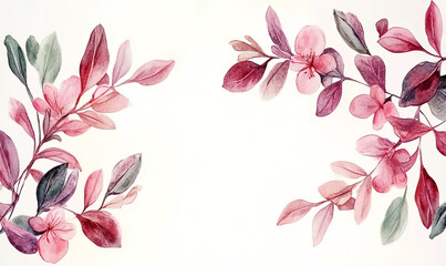 Obraz premium watercolor hand painted minimal leaves frame watercolor flowers. empty space center. white background