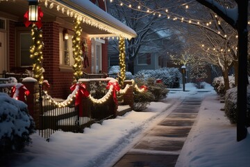 Fototapeta premium Beautiful snowy neighborhood with Christmas lights and decorations at night