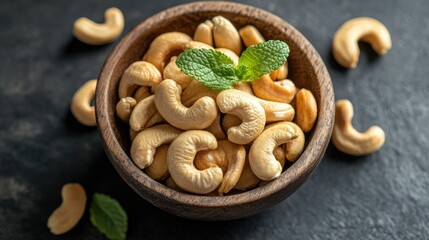 Fototapeta premium Cashew nuts in a wooden bowl placed on a dark stone surface garnished with a mint leaf