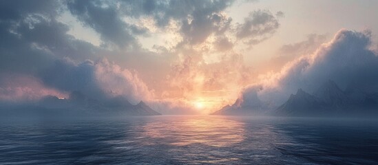 Fototapeta premium Sunset In A Cloudy Haze Over The Sea Dawn Composition