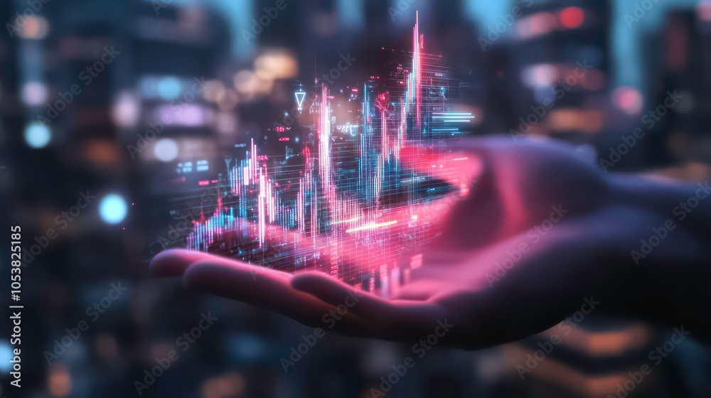 Poster A hand holds a digital graph, symbolizing data analysis and financial growth in a cityscape.