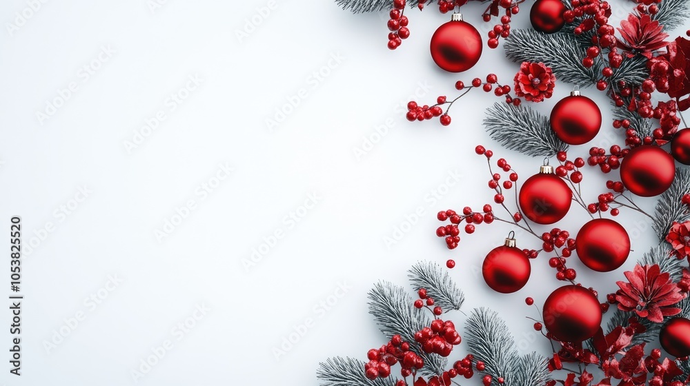 Poster white background featuring plaster christmas decorations and festive red ornaments with ample space 