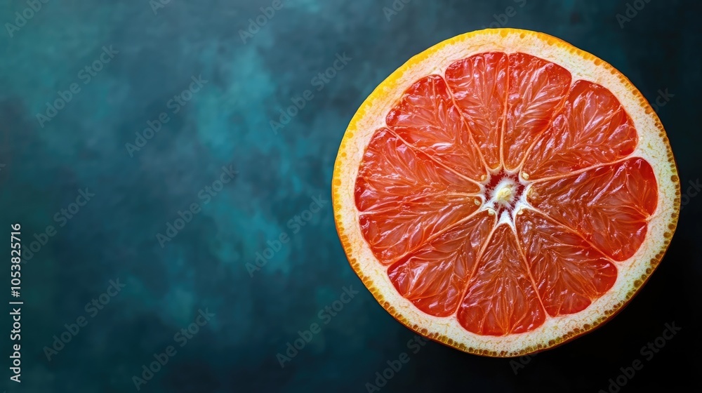 Poster close up of a halved grapefruit on a dark background showcasing the vibrant colors of this citrus fr