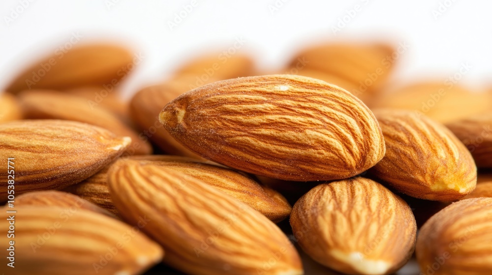 Poster close up view of almonds set against a white background