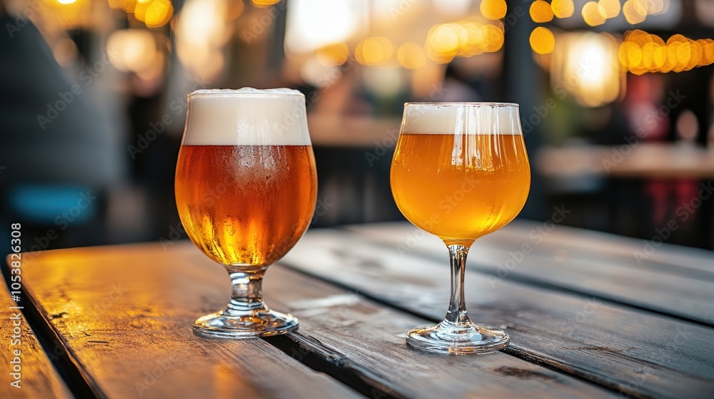 Poster close up of two nonic pint glasses and tulip glasses filled with light draft beer on a wooden table 