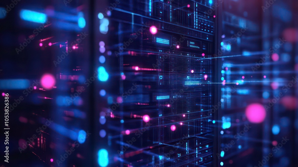 Fototapete abstract representation of a data center with glowing lights and network connections.