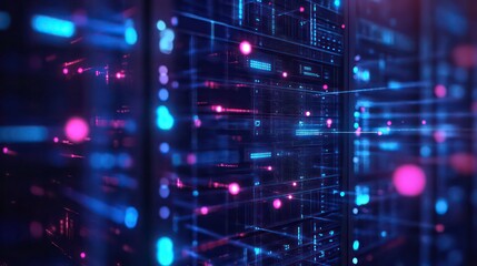 Abstract representation of a data center with glowing lights and network connections.