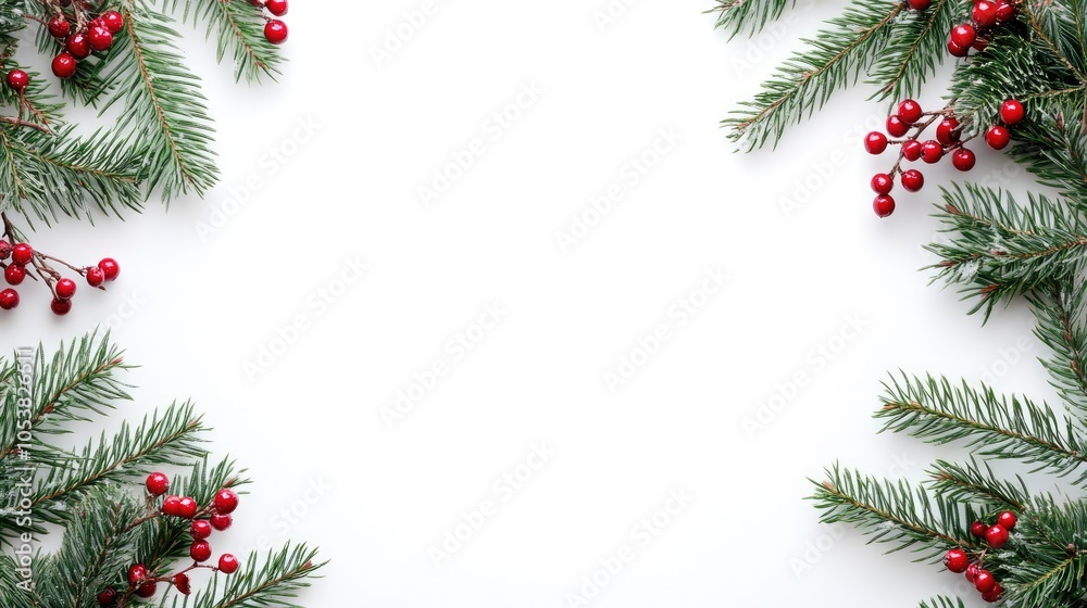 Poster Christmas themed border frame featuring green fir branches adorned with red berries on a white background providing ample space for text