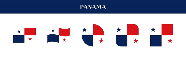 Set of Panama national flag icons in various styles on transparent background