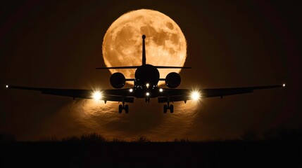 A private jet silhouetted against a large, orange moon as it lands on a runway.