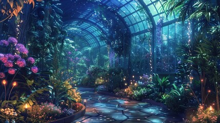 A magical greenhouse at night