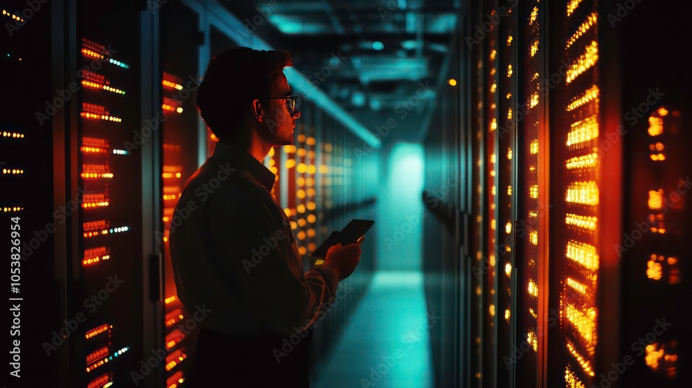 Poster a person stands in a server room, checking a phone amidst glowing server lights.