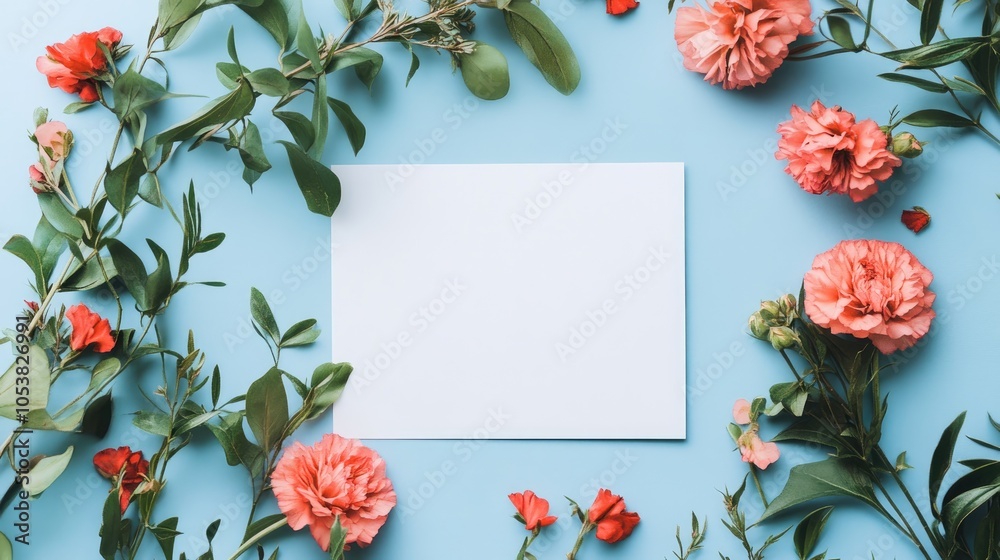 Poster white paper card with bright floral arrangement and leaves on a blue background perfect for a greeti