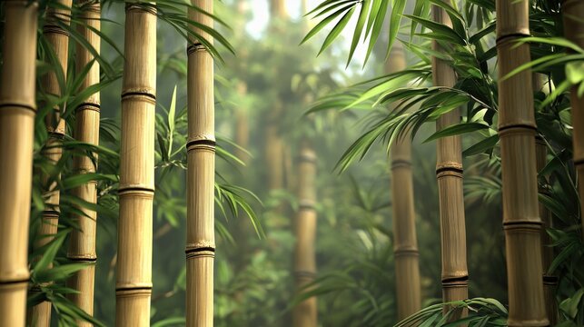 Bamboo thicket featuring a stockade of trunks and lush green foliage as a backdrop or texture