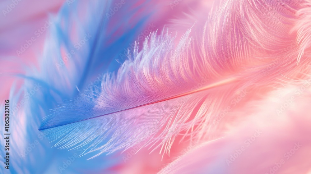 Poster macro shot of softly blurred pink and blue feathers background
