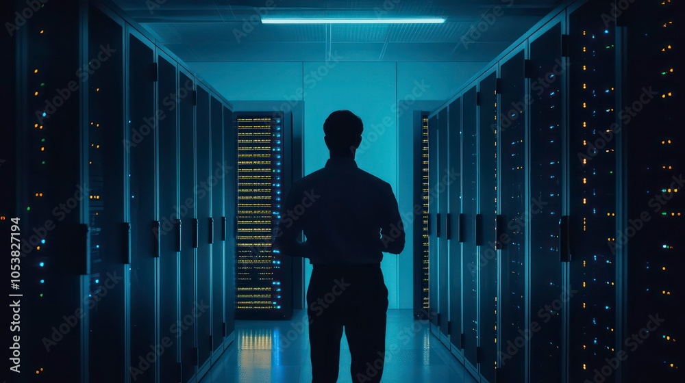 Aufkleber A silhouette of a person walking through a server room filled with illuminated servers.