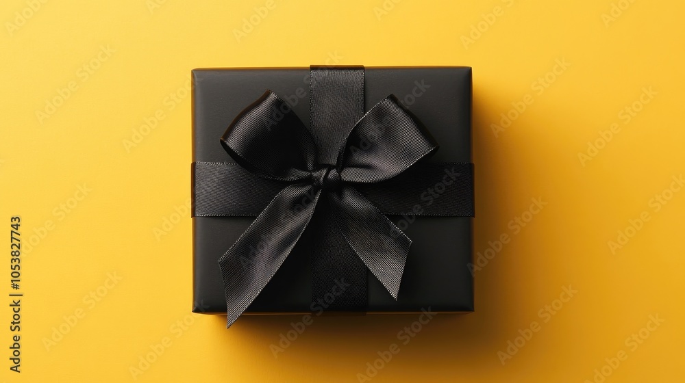 Poster black gift box adorned with a textured bow set against a vibrant yellow background suitable for vari