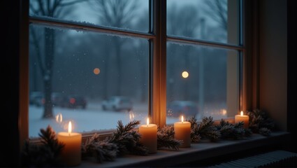 Snowy windowsill with lit candles, warm glow, winter evening, cozy atmosphere, tranquil scene, indoors looking out. Generative, AI,