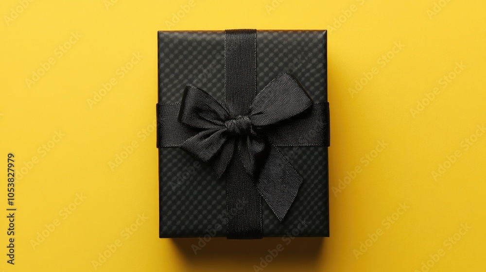 Poster black gift box adorned with a textured bow set against a vibrant yellow background suitable for vari