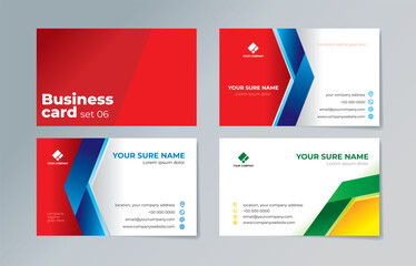 Set of business card templates with simple folded ribbon blue and green on white background