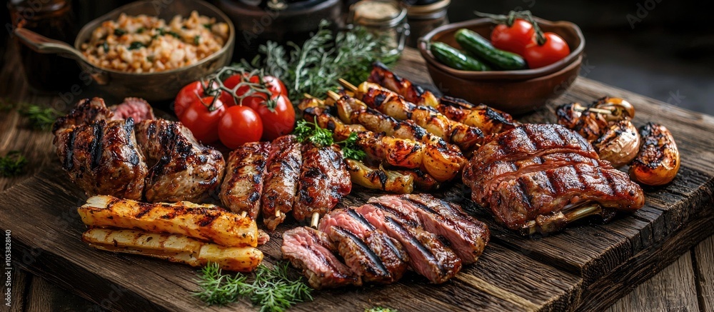 Poster assorted delicious grilled meat with vegetable and herbs on rustic table