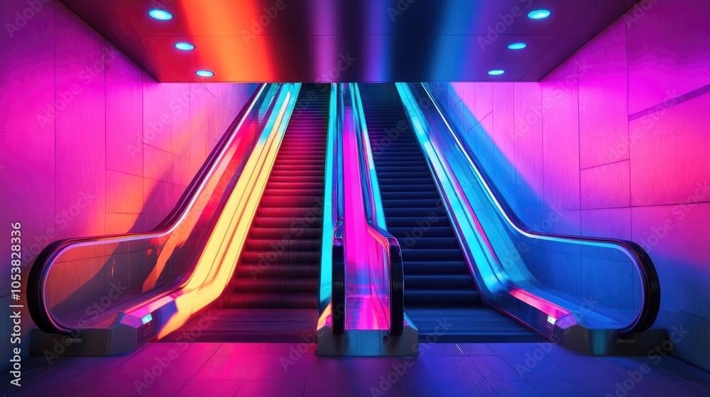 Aufkleber Escalator featuring LED lights in an abstract theme with vibrant neon colors
