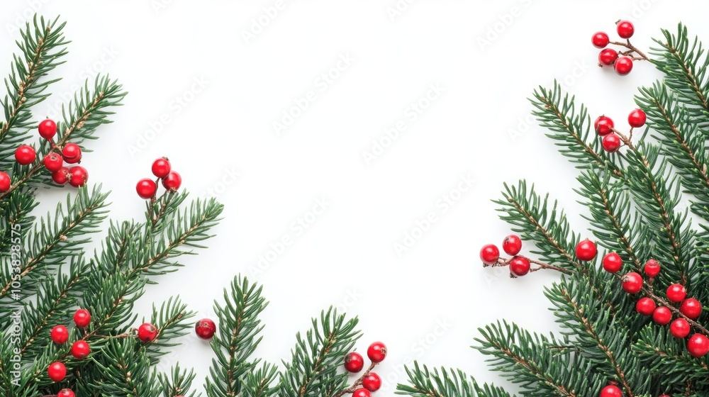 Poster Christmas themed border frame featuring green fir branches adorned with red berries on a white background providing ample space for text