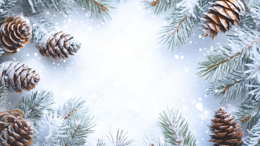 Poster snow covered pine branches and cones create a festive natural frame against a white backdrop ideal f