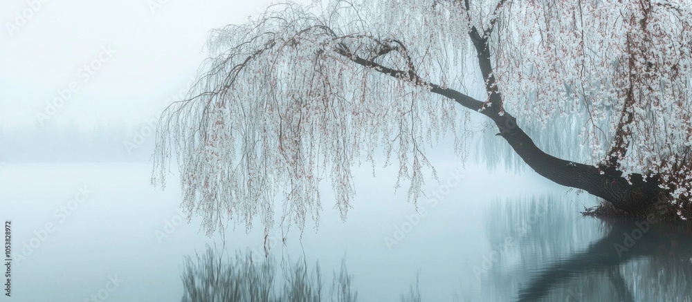Poster Blooming Willow In The Fog Weeping Willow In The Springtime Delicate And Elegant Image Of Spring