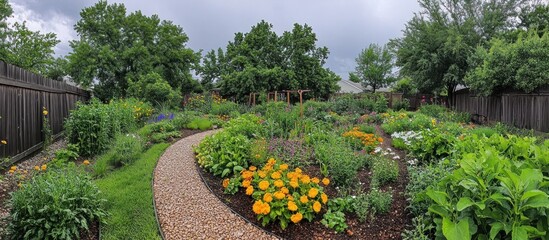 Fototapeta premium A winding gravel path leads through a lush, flowering garden with a wooden fence and green trees in the background.