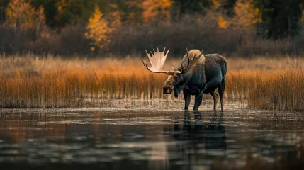 Encounter with a Bull Moose in a Wilderness Wetland During Rut Season Wildlife Photography