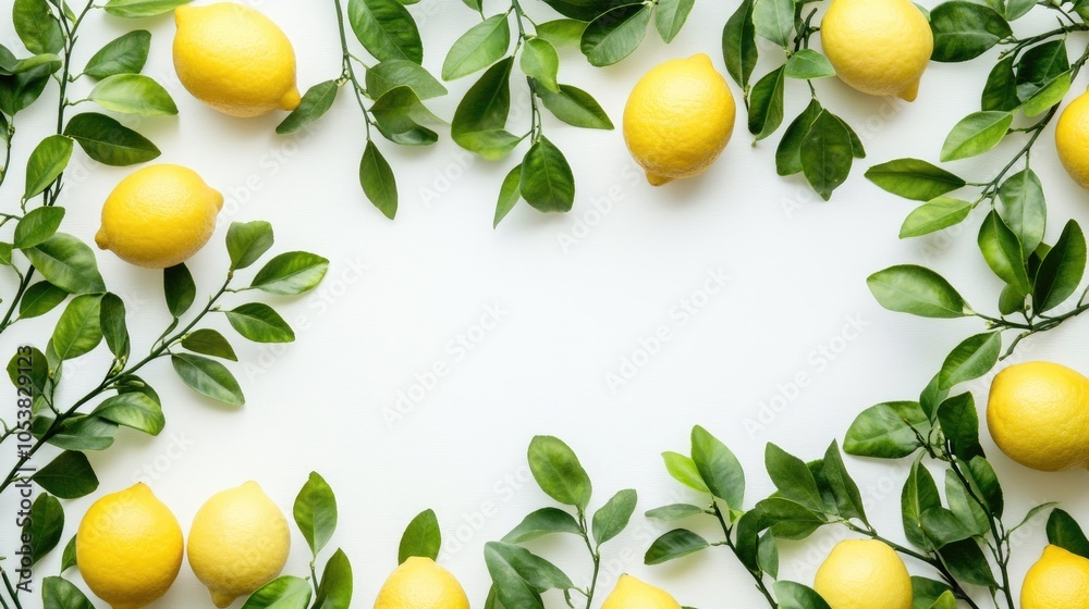 Poster Fresh lemon branches with lush green leaves against a white background ideal for design use Flat lay composition with space available for text