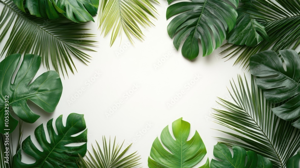 Poster A realistic border framed with lush monstera and palm leaves creating a white central space in a top view flat lay arrangement