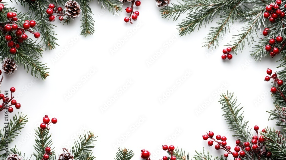 Poster Christmas themed border frame featuring green fir branches adorned with red berries on a white background providing ample space for text