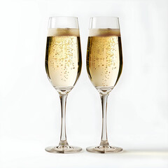 two champagne glasses on white background