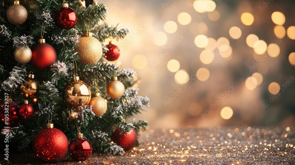 Poster Decorative Christmas tree embellished with red and gold ornaments illuminated by twinkling lights set against a shimmering bokeh backdrop